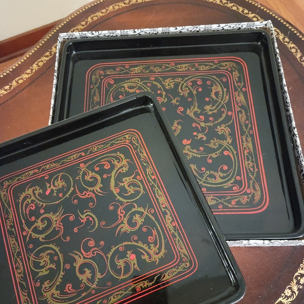 Chinese Lacquerware Trays Set Of 2 Gift Boxed